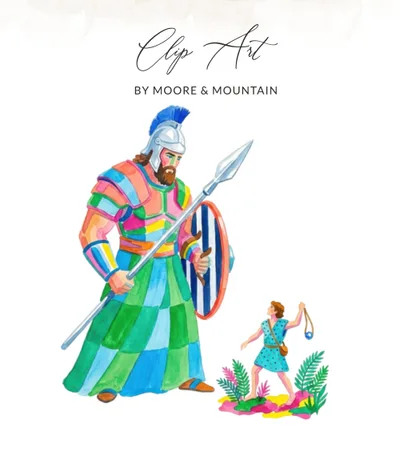 David and Goliath Bible Story Digital Print, Christian Faith Wall Art, Inspirational Kids Room Decor, Modern Watercolor Illustration