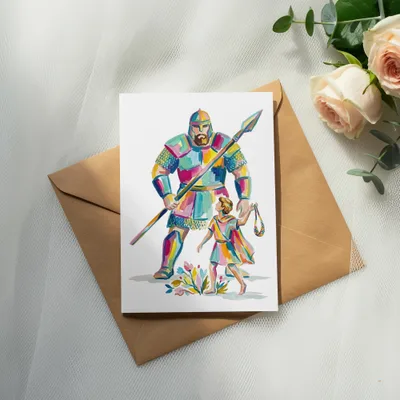 Illustration of David and Goliath on a card, with roses and envelope.