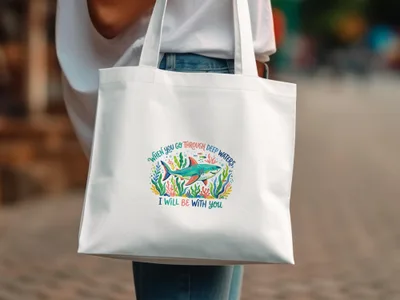 White tote bag with colorful shark and ocean graphics and text.