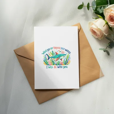 Card with a shark illustration and quote: "When you go through deep waters, I will be with you."