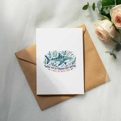 Greeting card with shark and text "When you go through deep waters, I will be with you."