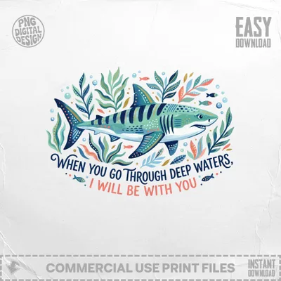 Shark surrounded by plants and fish with inspirational text.