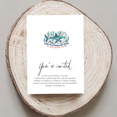 Invitation card with sharks, "You're invited" text, and placeholder copy.