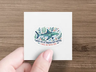 Shark sticker with quote "When you go through deep waters, I will be with you."