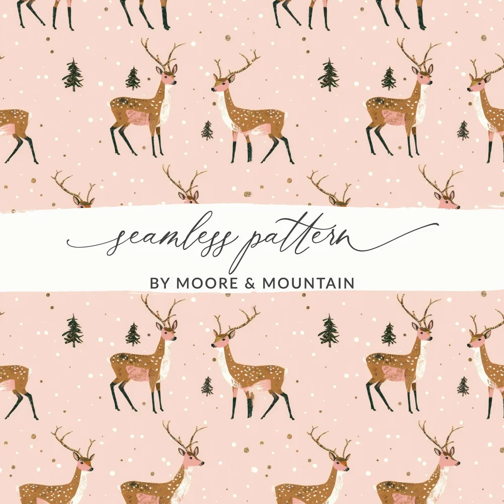 Deer Digital Paper, Seamless Pattern, Christmas Design, Pink Background, Winter Animals, Holiday Digital Download, Deer Illustration - Moore and Mountain