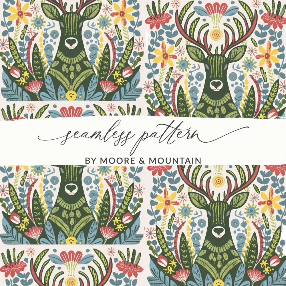 Deer Floral Seamless Pattern Digital Paper, Folk Art Reindeer JPEG, Boho Woodland Print, Scandinavian Design, Fabric, Scrapbooking - Moore and Mountain