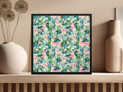 Deer Floral Seamless Pattern Digital, Tropical Leaves Print, Pink Deer, Watercolor Flowers, Printable Fabric Design, Digital Download - Moore and Mountain