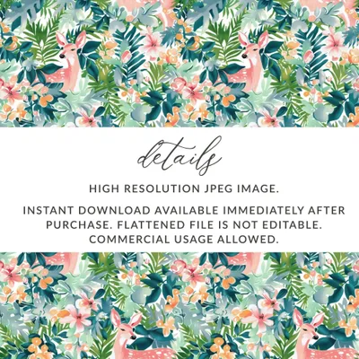 Deer Floral Seamless Pattern Digital, Tropical Leaves Print, Pink Deer, Watercolor Flowers, Printable Fabric Design, Digital Download - Moore and Mountain