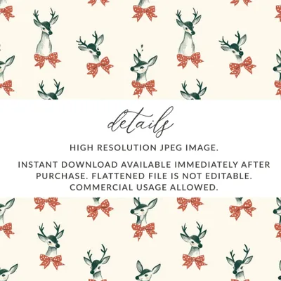 Deer with Bow Digital Paper, Christmas Seamless Pattern, Festive Repeat Pattern, Cute Holiday Pattern, Digital Download for Fabric, Craft - Moore and Mountain
