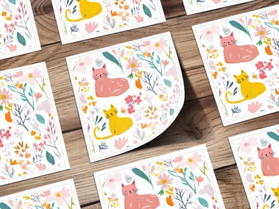 Digital Cat Floral Seamless Pattern, Pink Yellow, Modern Fabric Design, Printable Paper, Digital Files for Commercial Use 12x12 - Moore and Mountain