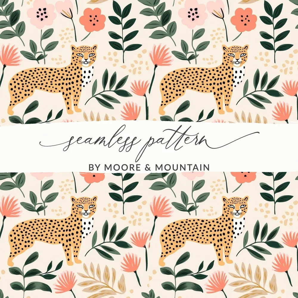 Digital Cheetah Pattern, Floral Print, Pink Green, Neutral Beige, Animal Print, Leopard Spots, Spring Pattern, Repeat Pattern Design - Moore and Mountain