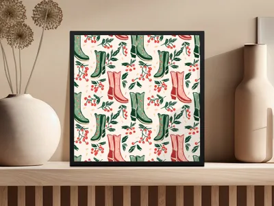 Digital Cowboy Boots and Berries Seamless Pattern, Christmas, Autumn Digital Paper, 12x12 JPEG File, Fabric Design, Scrapbooking - Moore and Mountain