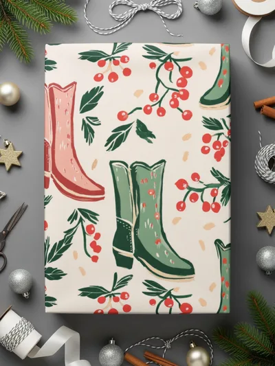 Digital Cowboy Boots and Berries Seamless Pattern, Christmas, Autumn Digital Paper, 12x12 JPEG File, Fabric Design, Scrapbooking - Moore and Mountain
