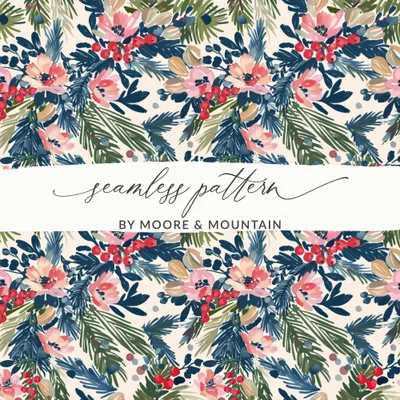 Digital Floral Christmas Seamless Pattern, Watercolor Flowers Pine Branches, Repeating Fabric Design, Scrapbooking Paper, Commercial Use