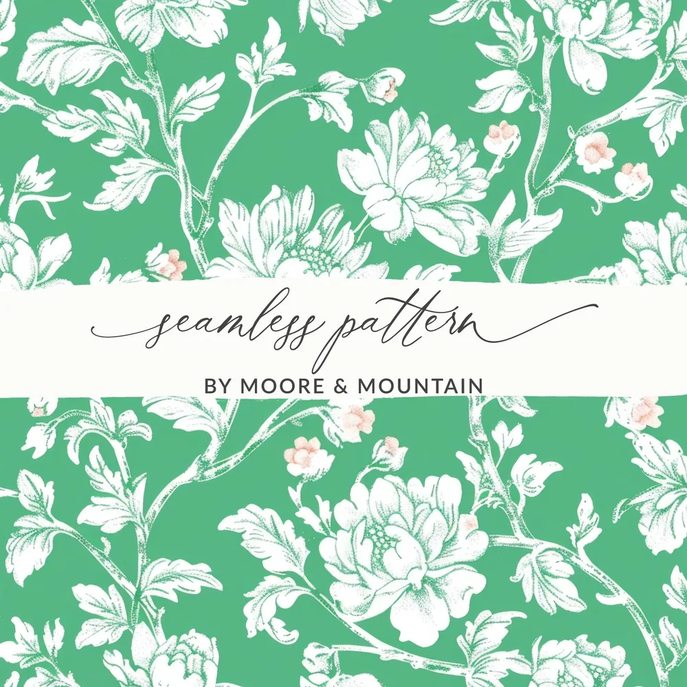 Digital Floral Pattern, Seamless Peony Design, Green and White Wallpaper, Printable Fabric Pattern, Scrapbooking Paper, 2 JPEG Scales - Moore and Mountain