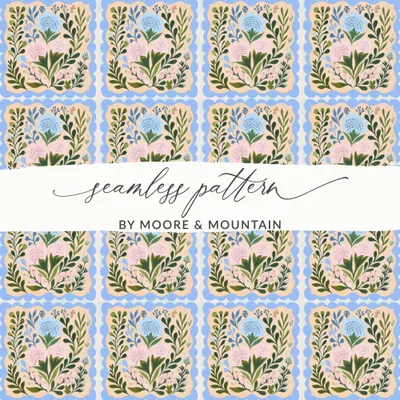 Digital Floral Seamless Pattern, Whimsical Botanical Print, Scalloped Frame Flower Background, Pastel Palette Designer Paper, Cottagecore
