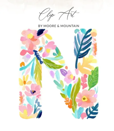Digital Letter N Watercolor Clipart, Preppy Floral Alphabet PNG, Vibrant Tropical Pastel, Hand Painted Whimsical Design, Commercial Use