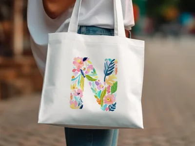White tote bag with a colorful floral letter N design.