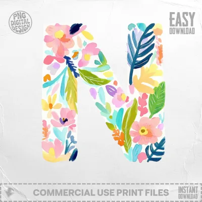 Watercolor letter N with floral and leaf motifs, "EASY DOWNLOAD" text.