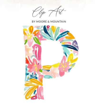 Digital Letter P Watercolor Floral Clipart, Vibrant Preppy Alphabet PNG, Tropical Painted Design, Commercial Use, Instant Download, High