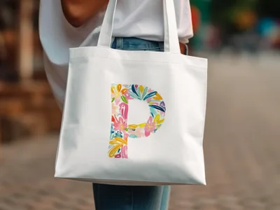 White tote bag with a colorful floral "P" design.