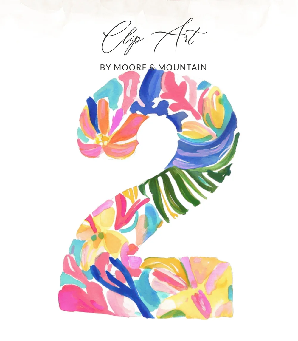 Watercolor floral number two with "Clip Art" and "BY MOORE & MOUNTAIN" text.