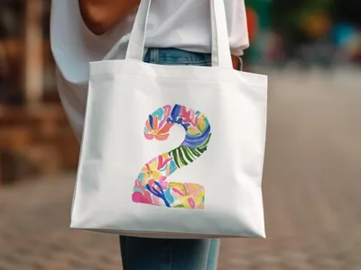 White tote bag with a colorful floral number two design.