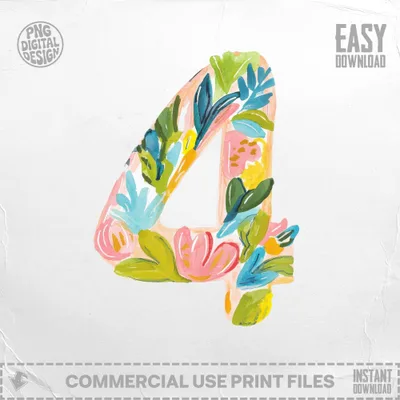 Floral number 4 design with "EASY DOWNLOAD" and "COMMERCIAL USE PRINT FILES" text.