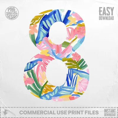 Number 8 filled with colorful abstract floral brushstrokes, "EASY DOWNLOAD" text.