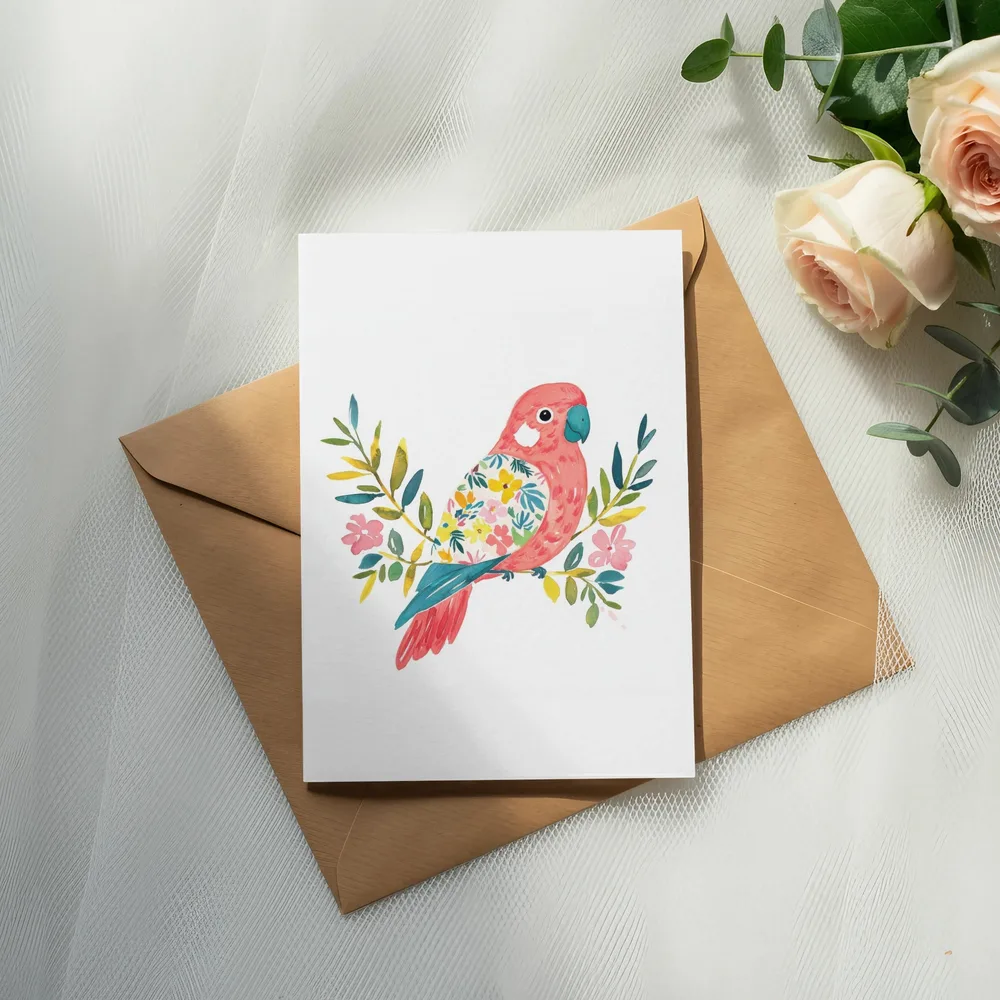 Pink parrot illustration with floral accents on a white card atop a brown envelope.