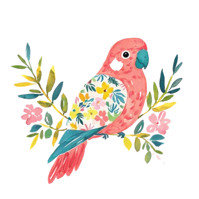 Coral parrot with floral patterned chest perched on branch with colorful flowers.