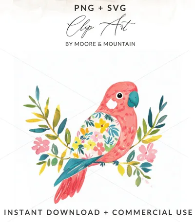Watercolor parrot with floral patterned chest on branches.
