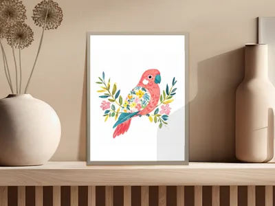 Pink parrot with colorful flowers and leaves on a branch in a framed picture.