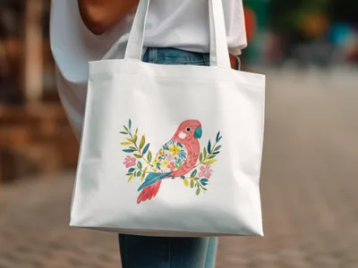 White tote bag with a watercolor parrot surrounded by flowers.