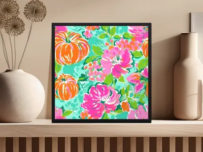Digital Pumpkin Flower Seamless Pattern, Fall Floral Print, Bold Pink Orange Autumn Design, Fabric Pattern, 12x12 JPEG Files - Moore and Mountain