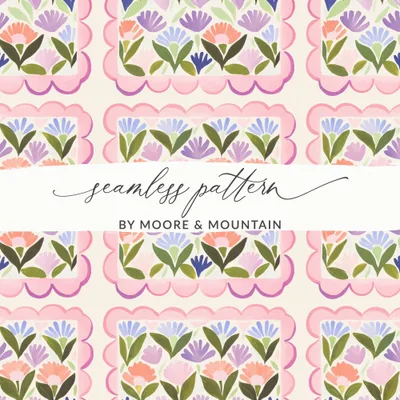 Digital Seamless Floral Tile Pattern, Folk Art Flowers, Scalloped Frame Design, Whimsical Botanical, Cottagecore Surface Pattern, Pastel