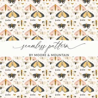 Digital Seamless Moth Pattern, Fearless Butterfly Insect Print, Boho Whimsical Botanical Digital Paper, Scrapbook Fabric Background Design