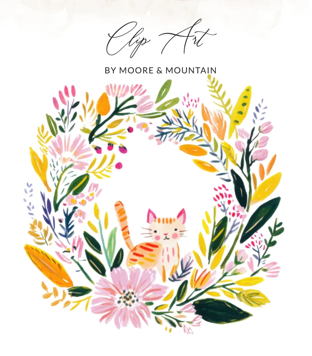 Floral wreath with a cartoon cat in the center, text "Clip Art" above.