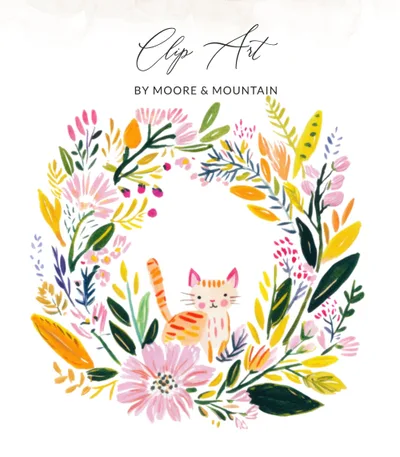 Digital Watercolor Cat Clipart, Preppy Floral Wreath PNG, Vibrant Pastel Kawaii Kitty SVG, Hand Painted Summer Botanical Illustration, Cute