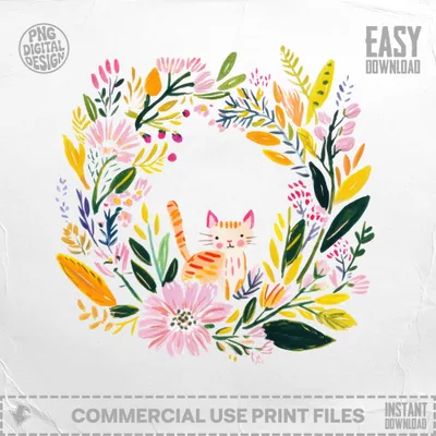 Whimsical cat surrounded by a colorful floral wreath.