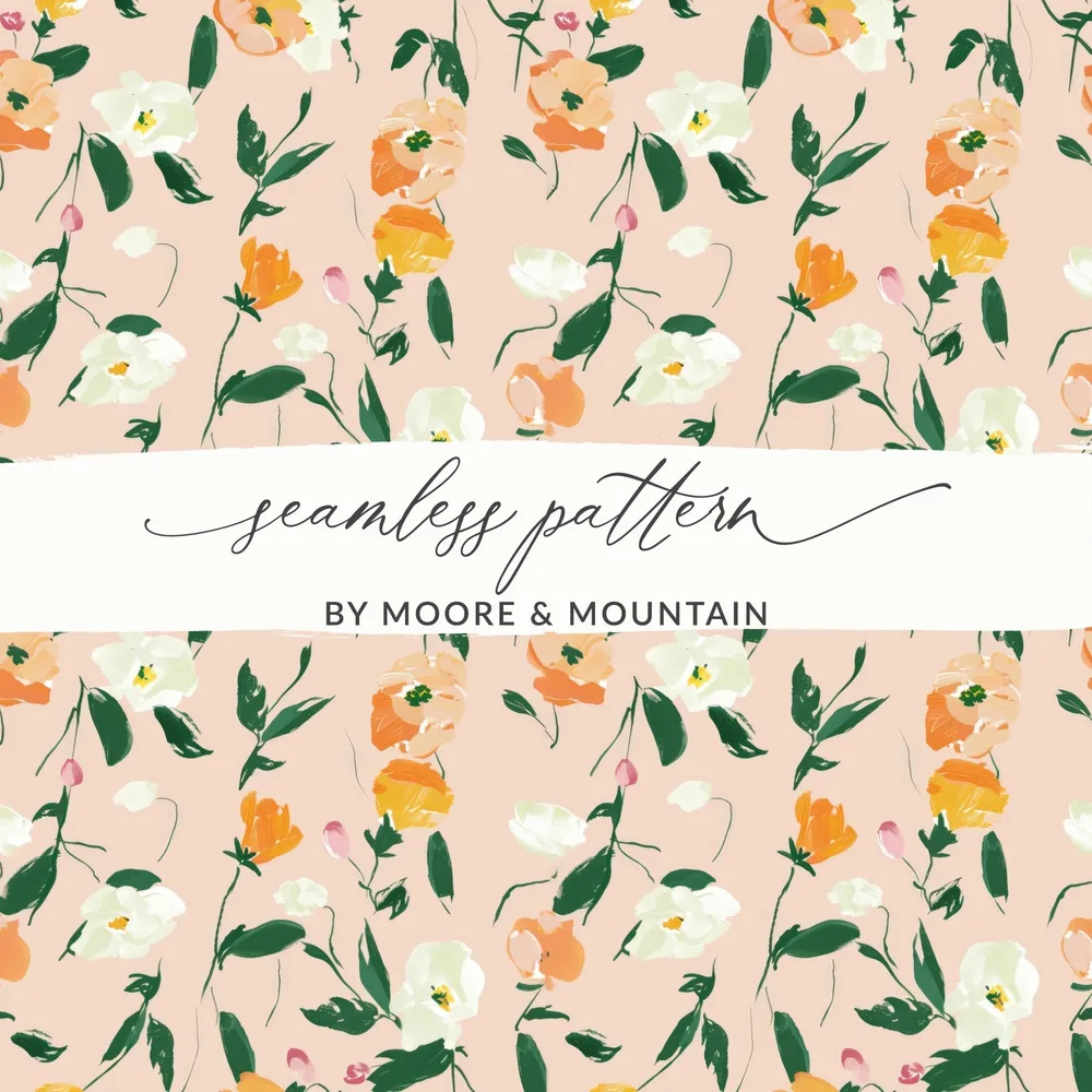 Digital Watercolor Floral Pattern, Peach, White, Orange Flowers, Abstract Spring Illustration, Printable Fabric Design, Seamless Repeat - Moore and Mountain