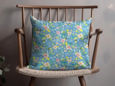Floral Pattern Blue Cushion with Little Love Text