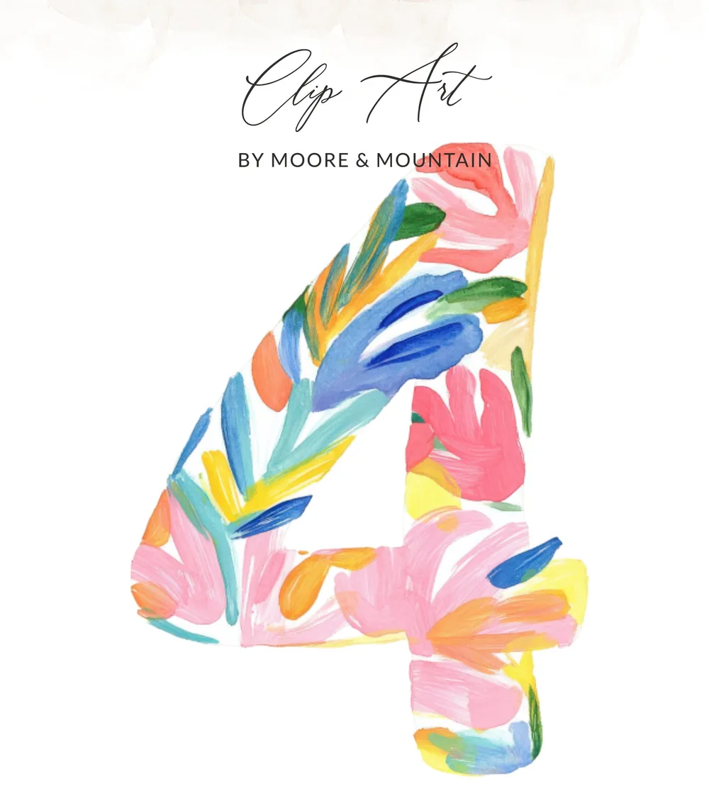Number 4 with colorful abstract brushstrokes, "Clip Art by Moore & Mountain."