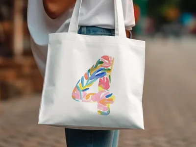 White tote bag with a colorful abstract number four design.