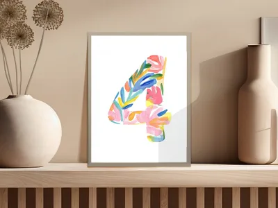 Colorful watercolor number 4 artwork on a shelf with vase.