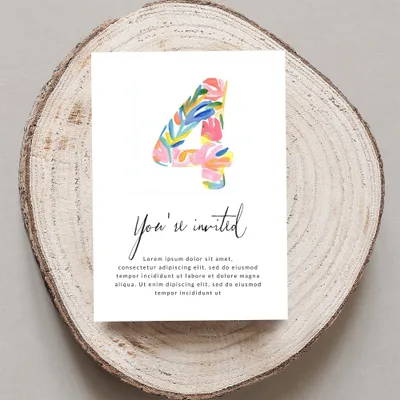 Invitation with large colorful "4" and "You're invited" text.
