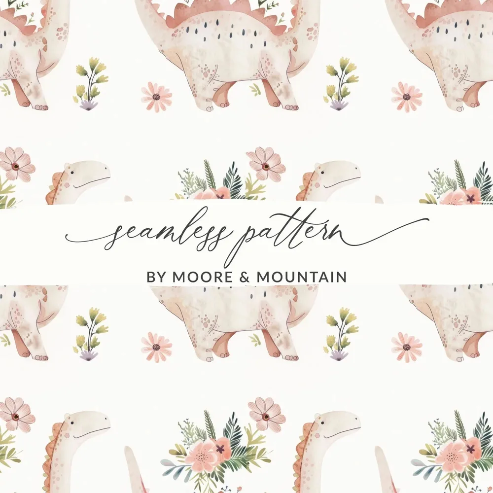 Dinosaur Seamless Pattern Digital, Floral Dinosaur Print File, Watercolor Dino Design, Kids Fabric Pattern, Girls Room Clipart - Moore and Mountain