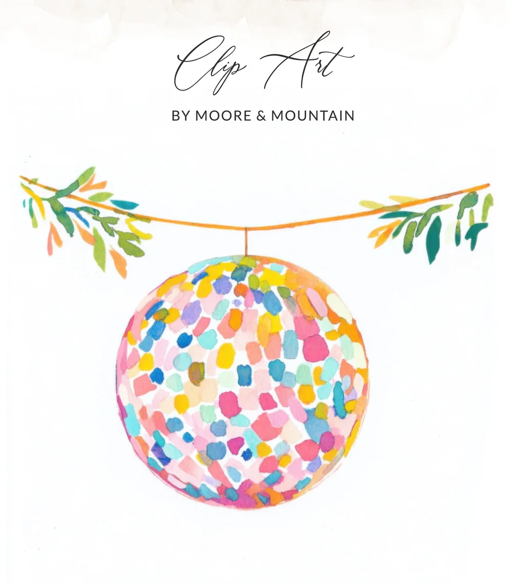 Colorful disco ball hanging from a branch with leaves.