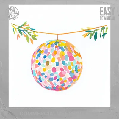 Colorful watercolor disco ball hanging from leafy branches.