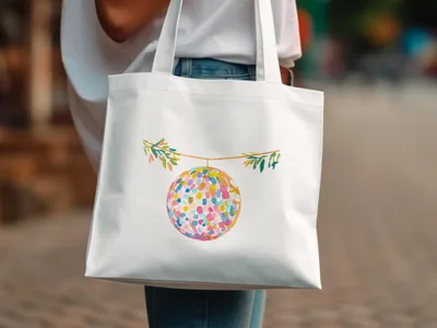 White canvas tote bag with colorful confetti-filled disco ball illustration.